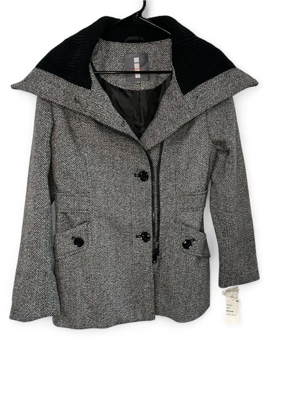 Black Gray Tweed Peacoat with Black Collar Medium NWT